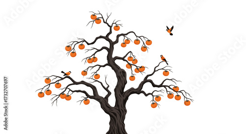 An old gnarled tree laden with ripe orange fruits attracts a small flock of birds to its branches.