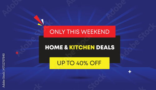 home kitchen deals this weekend up to forty percent off editable web banner vector art illustration template design black gray yellow red blue dark light sun shine abstract background shapes bright sa