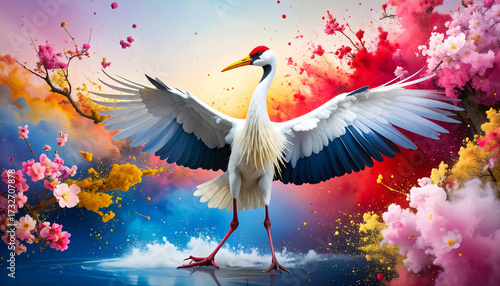 Stork in colorful, dynamic spring landscape. Stork standing in vibrant, colorful spring scenery. Stork walking in bright, pink, purple floral field. Majestic stork surrounded by colorful explosion