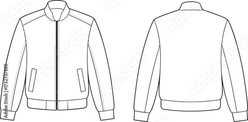Technical fashion illustration, zip-up jacket vector, ribbed cuffs and hem, welt pockets, shoulder seam detail, front and back views, garment sketch
