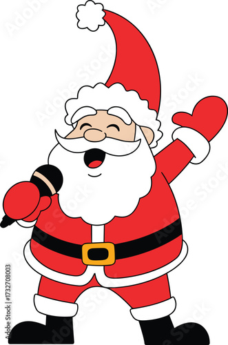 Cartoon Santa Claus singing with microphone, festive Christmas character illustration, joyful holiday entertainment design, cheerful seasonal artwork concept
