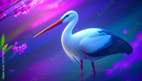 Stork with Magical Spring Glow. Stork in Colorful Light Fantasy. Surreal Stork in Purple Glow. Stork Amidst Dreamy Lights. Magical Stork in Vibrant Glow. Stork in Dreamy Fantasy Scene