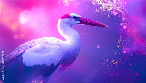 Fantasy Stork in Purple Lights. Stork in Dreamy Magical Light. Fantasy Bird in Colorful Scene. Mystic Stork in Purple Glow. Stork with Magical Background. Stork with Dreamy Purple Lights