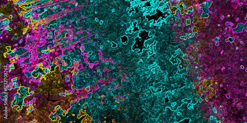 Vibrant abstract background with a chaotic mix of neon cyan pink and yellow glowing outlines and textured organic shapes on a dark black canvas for futuristic and energetic design concepts