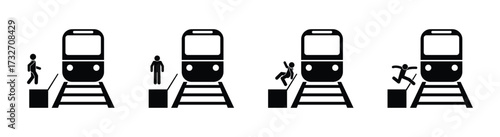 Train icon, people at a station icon set, stick figure stickman on a trip, rules of conduct on the subway