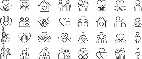 Love and care icon set, black and white grid of family, relationship, and compassion symbols, cad drawing flat vector illustration