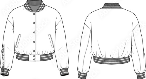 Varsity jacket technical drawing—front and back views, striped ribbing, snap closure—vector fashion sketch, garment design, outerwear construction, sporty style
