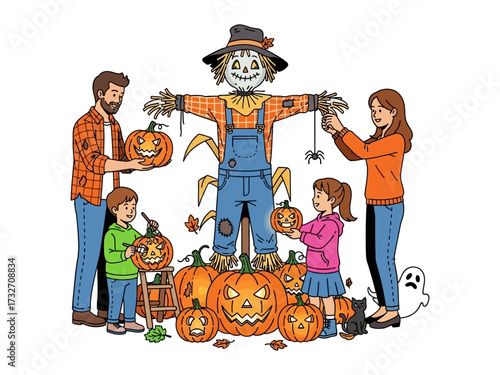 A Family's Autumn Crafting: A heartwarming illustration depicts a family joyfully decorating pumpkins and a scarecrow, embracing the cozy spirit of autumn and the traditions of Halloween. 