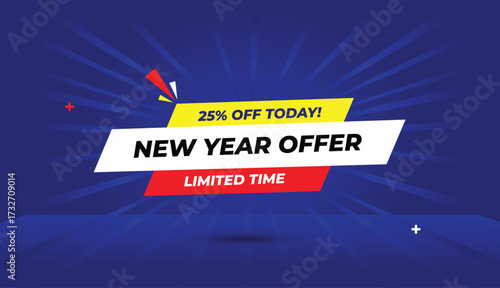 new year sale offer limited time discount twenty five percent editable web banner vector art illustration icon badge label template design yellow red white shapes sunshine blue light dark gradient