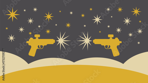 Two golden guns facing each other with stars in the background on a golden and gray design