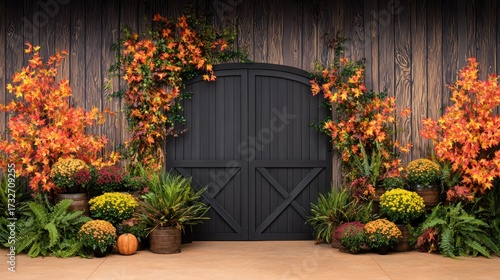 Vibrant autumn scene featuring a rustic barn door framed by colorful foliage and seasonal plants
