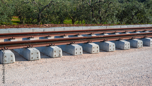 Low-angle view of new railway tracks and concrete sleepers set against a backdrop of olive trees, symbolizing the intersection of modern infrastructure and rural nature.