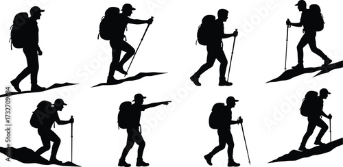 Set of Hiking and Trekking Silhouettes, Vector Illustrations of Men with Backpacks and Hiking Poles for Outdoor Adventure and Travel