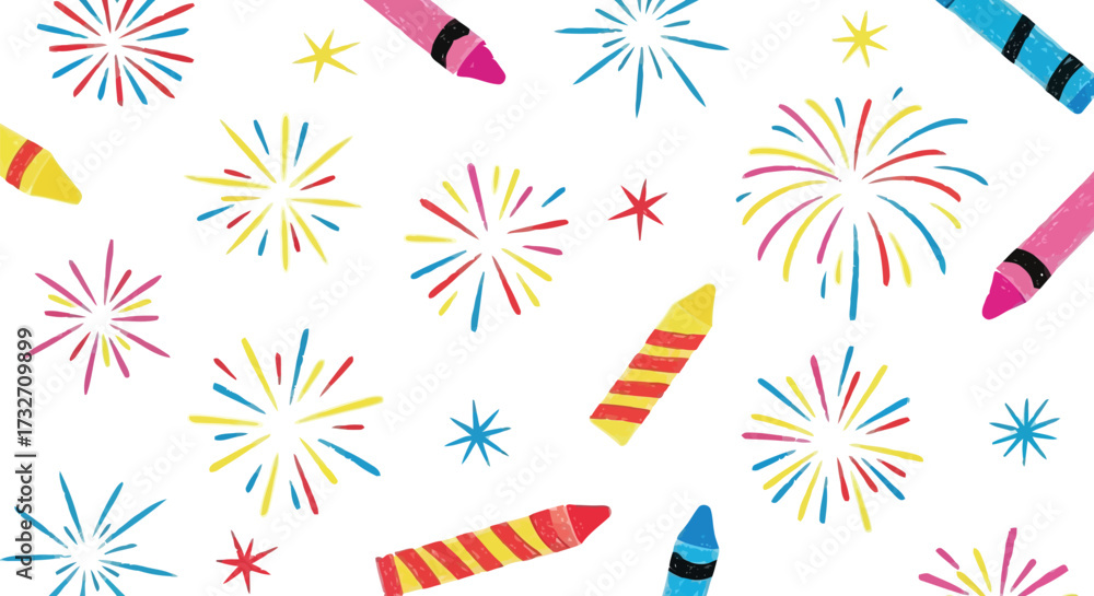 Obraz premium Vector art of colorful crayons and fireworks pattern