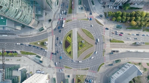 Aerial drone view of ONZ Roundabout in Warsaw city center with busy traffic and modern buildings