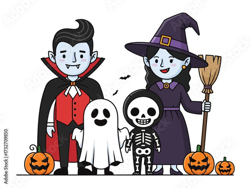 Halloween Crew: A festive illustration of a spooky family in Halloween costume. A vampire, a witch, a ghost, and a skeleton, flanked by jack-o'-lanterns, create a spooky scene. 