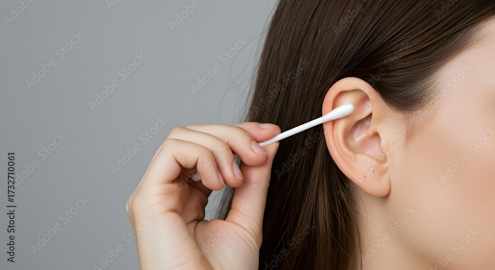 Obraz premium Close-up of Woman's Hand Using Cotton Swab to Clean Ear for Daily Personal Care, Hygiene, and Beauty Routine.