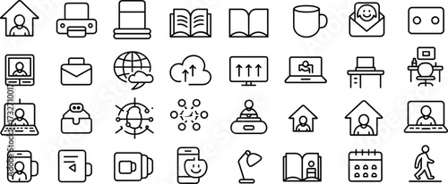 Remote work icons, digital communication, office tools, cloud storage, virtual collaboration, minimalist line set, black white grid, modern workspace symbols