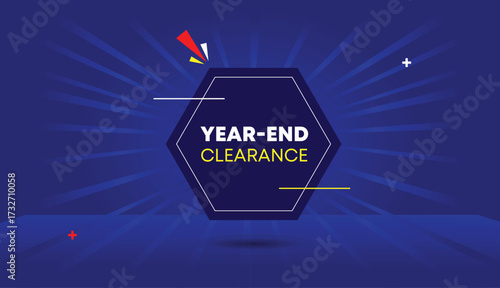 year end clearance web banner vector art illustration label icon badge template design dark blue shapes light blue sun shine abstract background 4k design illustration banner vector label icon