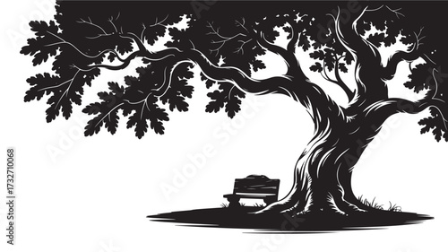 Silhouette of a large tree with a bench vector illustration in black and white peaceful scene for park or nature designs