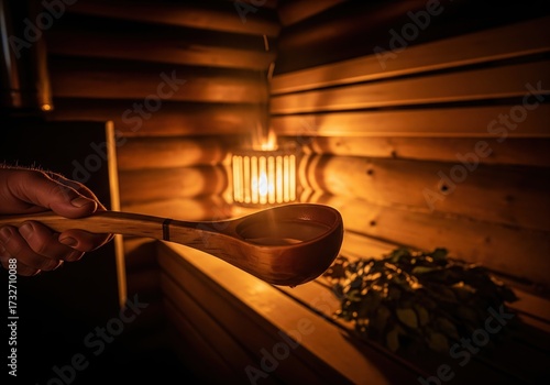 Pouring traditional finnish sahti beer from a wooden ladle in a dark and cozy sauna