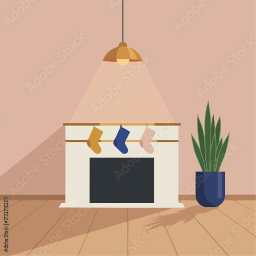 Flat geometric vector art of a festive fireplace scene: cream-colored mantel with brass trim, simplified Christmas stockings in mustard and cobalt hanging neatly
