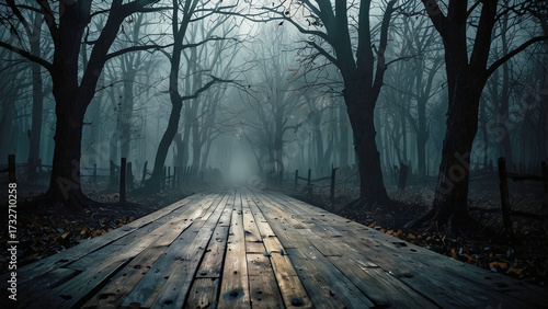 Foggy forest path at dusk with wooden planks leading into the unknown