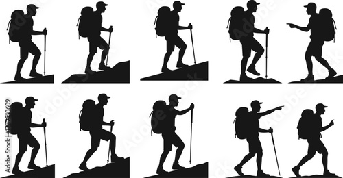 Silhouettes of Hikers and Trekkers, Vector Illustrations of Men with Backpacks and Hiking Poles for Outdoor Adventure and Travel