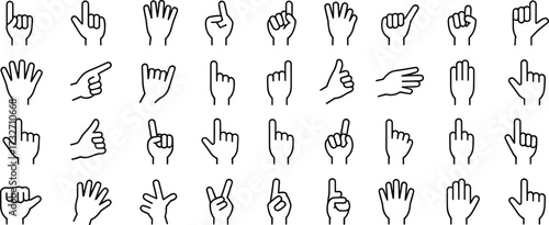 Sign language hand gestures, black and white line art, ASL alphabet icons, minimal vector illustration, nonverbal communication, educational design, multicultural accessibility symbols