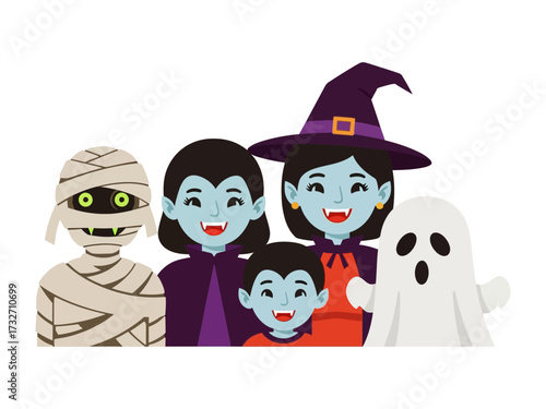 Halloween Costumed Ensemble: A group of diverse Halloween-themed characters, each in full costume, joyfully assembled, and united by the spirit of the holiday.