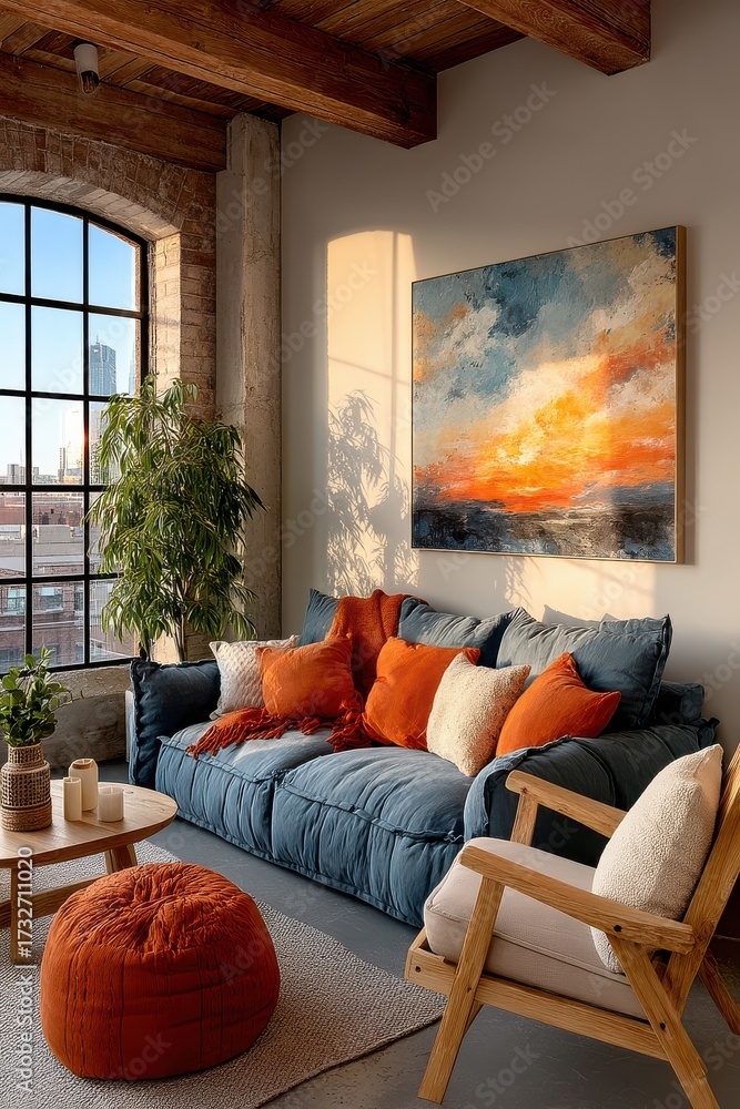 Fototapeta premium Modern living room with vibrant accents and industrial decor aesthetic