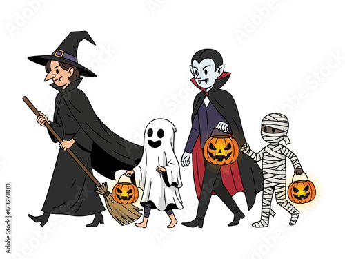 Halloween Parade of Spooky Figures: A line of colorful costumes, the characters come alive. The spooky season and capturing the fun and excitement of trick-or-treating.