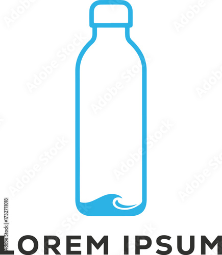 Title: Minimalist Water Bottle Logo with Blue Wave for Mineral Water or Health Drink