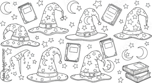 Vector art of collection of handdrawn wizard hats, books, moons, and stars
