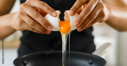 An egg is cracked open over a frying pan, yolk separating from the shell and dripping into the pan