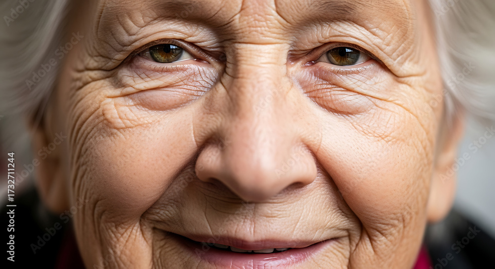 Fototapeta premium Close - up portrait capturing the warm smile and intricate wrinkles of an elderly woman highlighting age and experience in detail
