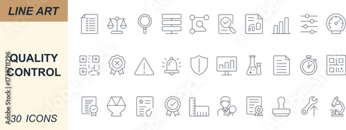 Quality Control vector icon set with minimal line art of audit, checklist, process, workflow, certification, data, measurement, and verification. Perfect for apps, web, business, and UI projects.