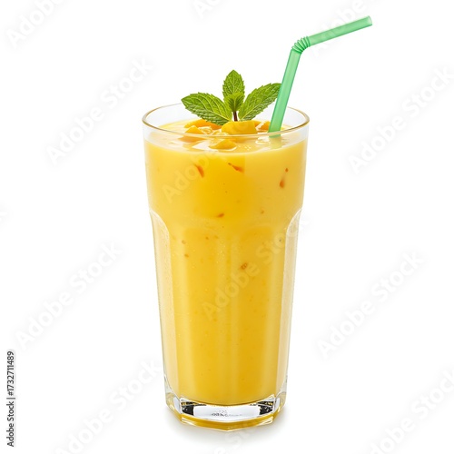 Indian mango lassi traditional drink served in a tall glass with ice cubes, fresh mango chunks, mint leaves garnish and green straw, isolated on white background.