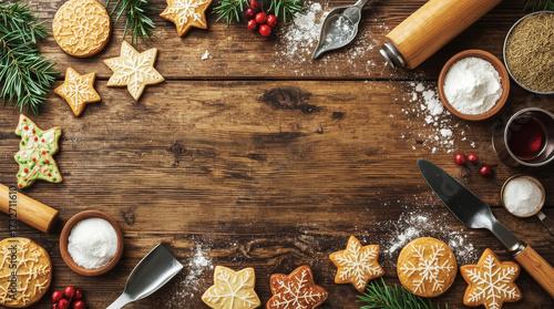Festive holiday cookie decorating setup with baked treats and tools on a wooden table