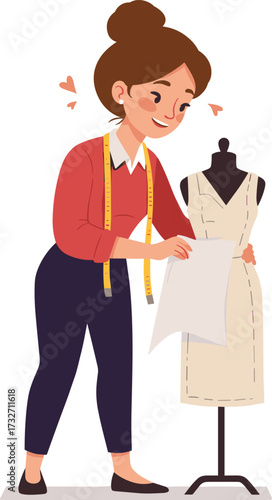 Cartoon fashion designer, dressmaking process, measuring tape, garment creation, red top, mannequin, sewing paper, tailoring tools, clothing design, studio