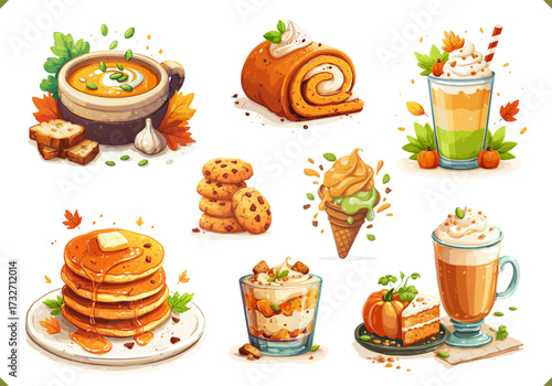 Set of pumpkin ice cream, cookie, coffee, cake, pancakes, cocktail, soup. Vector illustration of fruit autumn dessert on white background. Vector illustration of autumn pumpkin drinks and desserts