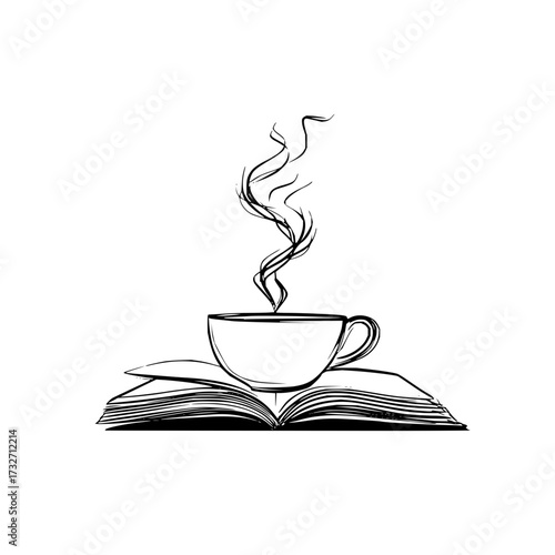 A steaming cup of coffee resting on an open book illustration in black and white line drawing style