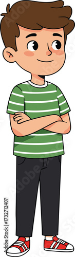 Cartoon boy in green striped t-shirt with folded arms, casual clothing character, confident child standing pose, vector illustration design