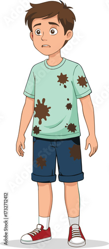 Cartoon boy in dirty stained clothes, messy shirt and shorts, hygiene problem concept, child laundry cleaning issue, careless kid vector illustration
