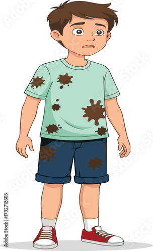 Cartoon boy wearing dirty stained clothes, messy shirt and shorts, careless child character, hygiene problem concept, laundry cleaning issue vector illustration