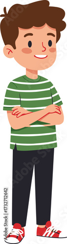 Cartoon boy with dirty stained clothes, messy shirt and shorts, careless child character, laundry problem concept, hygiene issue, cleaning cartoon illustration