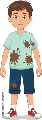 Cartoon boy wearing dirty stained clothes, messy shirt and shorts, child hygiene problem, laundry cleaning concept, careless kid, vector illustration