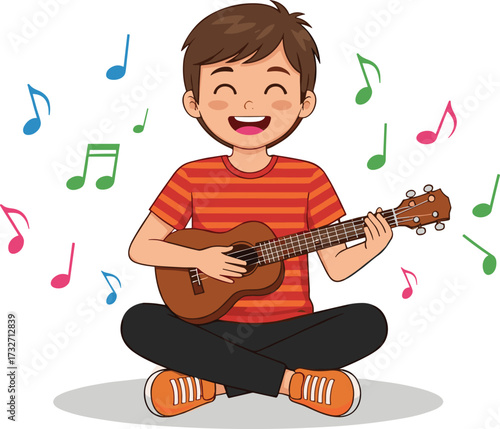 Happy cartoon boy playing guitar with colorful music notes, smiling child musician, singing performance, musical instrument learning, fun kids activity illustration