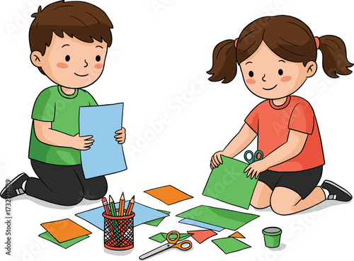 Happy children doing art and craft activities with paper, scissors, pencils, creativity, teamwork, kids education, school project, fun learning illustration