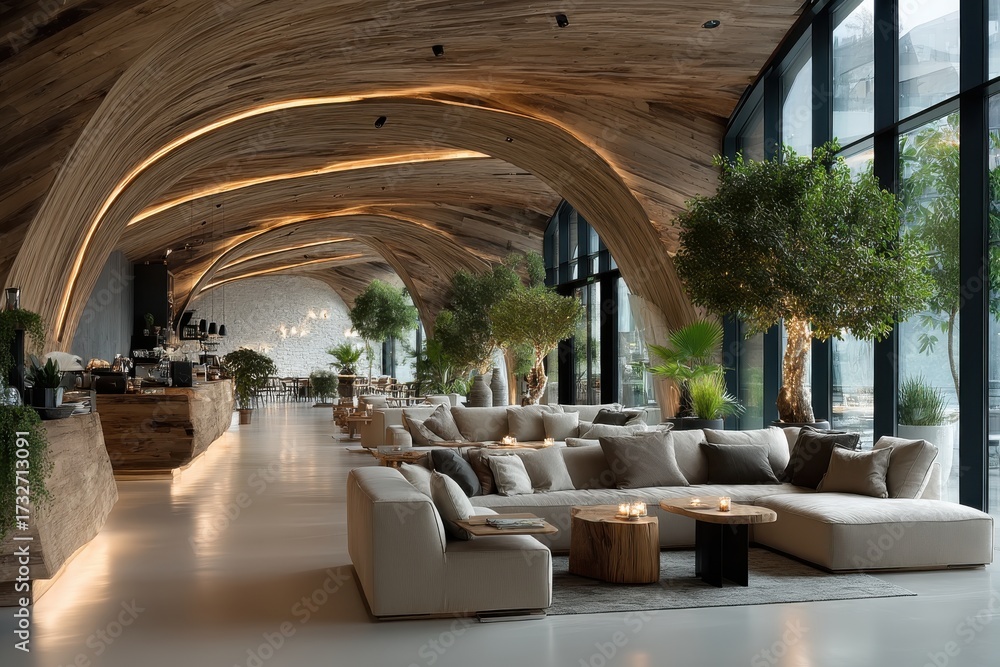Fototapeta premium Modern hotel lounge featuring natural wood arches and comfortable furnishings
